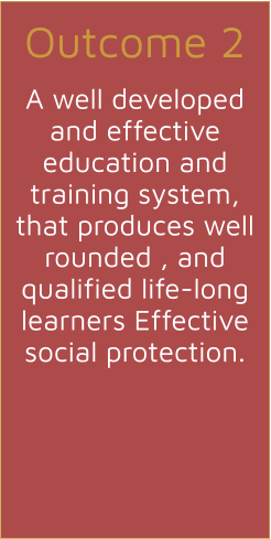 Outcome 2  A well developed and effective education and training system, that produces well rounded , and qualified life-long learners Effective social protection.