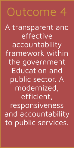 Outcome 4  A transparent and effective accountability framework within the government Education and public sector. A modernized, efficient, responsiveness  and accountability  to public services.